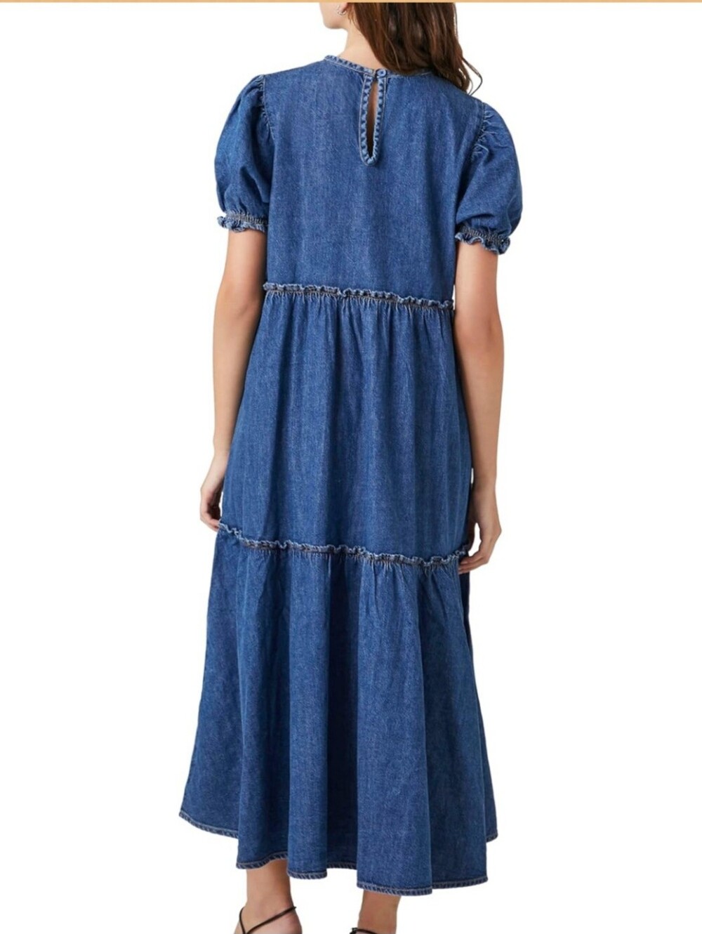 Forever 21 Denim Ruffle Tiered Maxi Dress in A Dark Blue Wash Size L. - Picture 9 of 12
